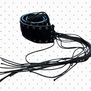 Black Pleather Lace-Up Fringe Waist Belt